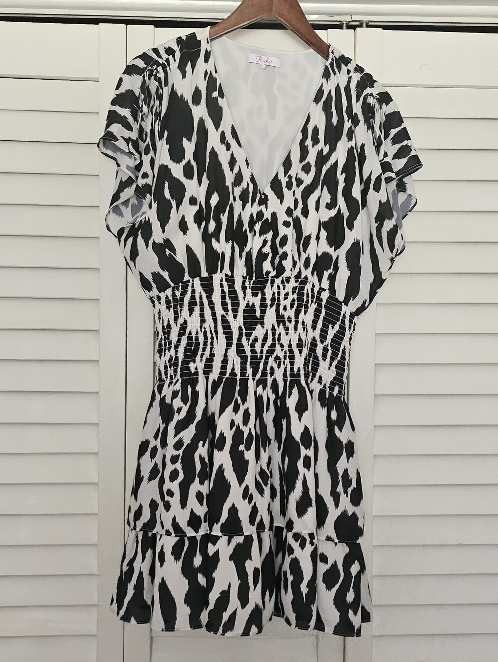 Parker Dress Size L Black White Animal Print Smocked Waist Flutter Sleeve Lined